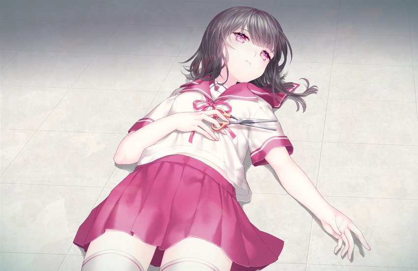 1girl black_hair closed_mouth expressionless female_focus hand_on_own_stomach holding holding_scissors lying on_back original pink_eyes pink_skirt pleated_skirt saban school_uniform scissors serafuku skirt solo thighhighs tile_floor tiles white_thighhighs