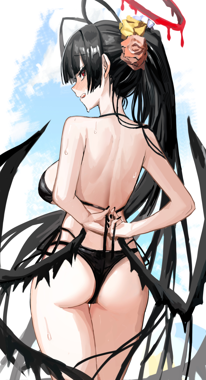 1girl absurdres antenna_hair ass bare_arms bare_shoulders bikini black_bikini black_wings blue_archive blunt_bangs blunt_sidelocks blush flower franz2543 from_behind hair_flower hair_ornament highres official_alternate_costume official_alternate_hairstyle open_mouth ponytail red_flower sidelocks solo sweat swimsuit tsurugi_(blue_archive) tsurugi_(swimsuit)_(blue_archive) tying_bikini wings yellow_flower
