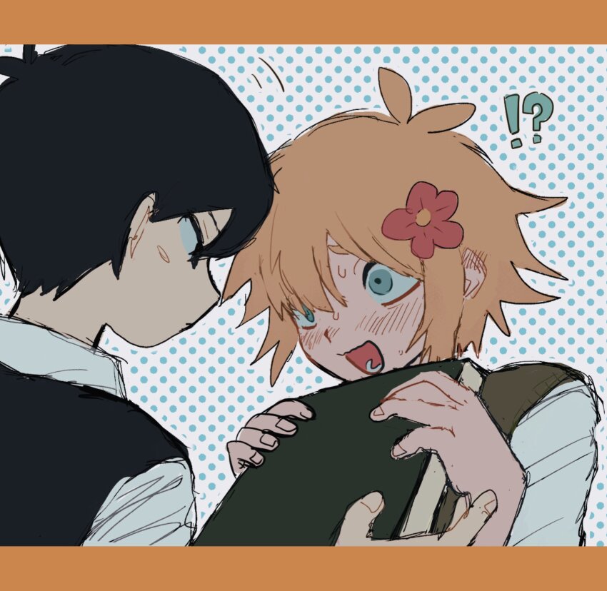 !? 2boys absurdres basil_(faraway)_(omori) basil_(omori) black_eyes black_hair black_sweater_vest blonde_hair blue_eyes closed_mouth collared_shirt flower green_sweater_vest hair_flower hair_ornament highres looking_at_another male_focus multiple_boys omori open_mouth shirt short_hair short_sleeves sketch sunny_(omori) sweater_vest tate_ware_anal white_shirt