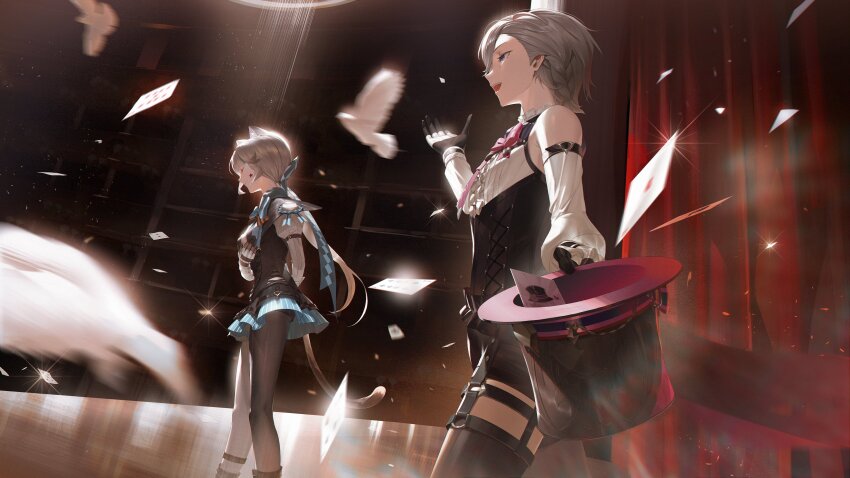 1boy 1girl absurdres animal_ears bird black_headwear bow brother_and_sister card cat_ears cat_girl cat_tail curtains facial_mark facial_tattoo from_side genshin_impact grey_hair hat highres lynette_(genshin_impact) lyney_(genshin_impact) pink_bow playing_card siblings skirt stage star_(symbol) star_facial_mark star_tattoo tail tattoo thigh_strap thighhighs tmt top_hat two-tone_gloves