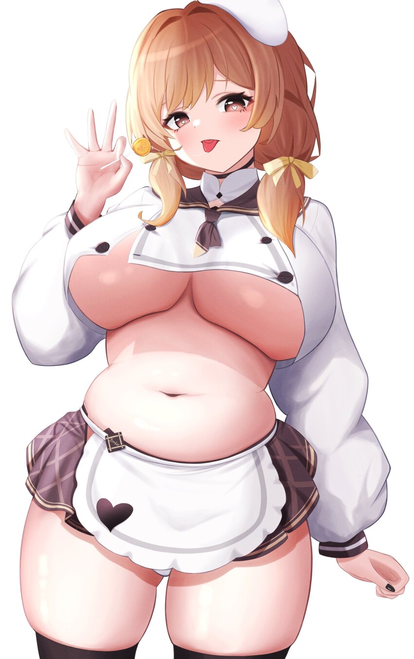 1girl absurdres apron ascot beret black_nails black_skirt black_thighhighs bow bready_(nikke) breasts brown_eyes brown_hair candy choker cleavage crop_top food goddess_of_victory:_nikke hair_bow hair_ribbon hat heart heart-shaped_pupils highres holding_candy holding_food holding_lollipop huge_breasts large_breasts lollipop low_twintails medium_hair miniskirt navel open_mouth panties panty_peek ribbon shirt skindentation skirt solo standing symbol-shaped_pupils thick_thighs thighhighs thighs tongue tongue_out twintails underboob underwear white_background white_hat white_shirt zion_rss