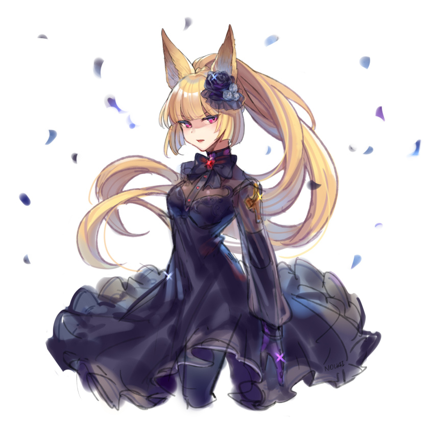 1girl animal_ears black_dress blonde_hair cropped_legs dress erune female_focus flower granblue_fantasy hair_flower hair_ornament highres nashi_(tidal0414) petals pink_eyes ponytail shaded_face solo white_background yuisis_(fire)_(granblue_fantasy) yuisis_(granblue_fantasy)