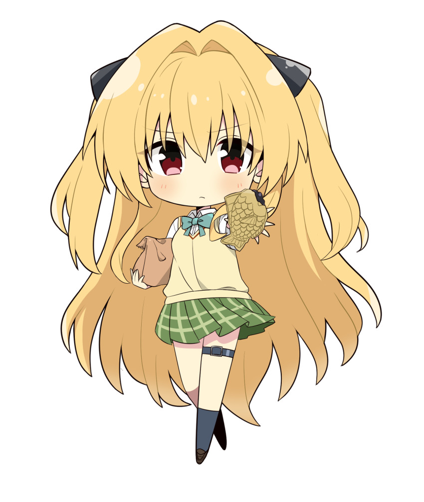 1girl :&lt; bag black_socks blonde_hair blue_bow blue_bowtie blush bow bowtie chibi closed_mouth commentary_request eyes_visible_through_hair food frown green_skirt hair_between_eyes hair_intakes highres holding holding_food kneehighs konjiki_no_yami long_hair looking_at_viewer miniskirt mochimochi_kinako. plaid_clothes plaid_skirt pleated_skirt red_eyes sainan_high_school_uniform school_uniform shirt short_sleeves shoulder_bag simple_background skirt socks solo sweater_vest taiyaki thigh_strap to_love-ru transparent_background two_side_up v-shaped_eyebrows very_long_hair wagashi white_shirt yellow_sweater_vest