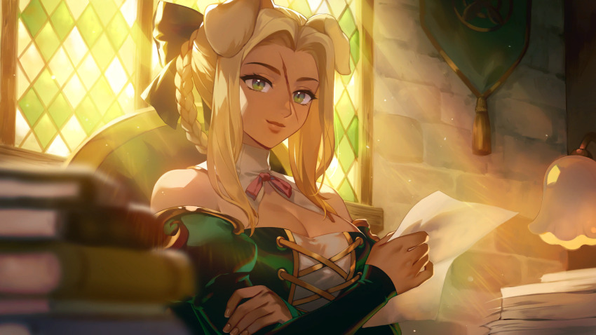 1girl animal_ears artist_request blonde_hair breasts check_artist cleavage closed_mouth dog_ears dog_girl dress ein_lee game_cg green_dress green_eyes highres holding holding_paper large_breasts long_sleeves looking_at_viewer lunessa_(tevi) non-web_source paper scar scar_on_face sitting solo tevi