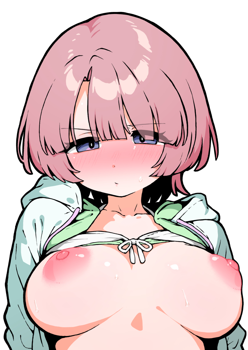 1girl absurdres arimura_mao bikini bikini_top_lift blush breasts closed_mouth clothes_lift collarbone gakuen_idolmaster green_bikini green_hoodie highres hood hoodie idolmaster large_breasts looking_at_viewer medium_hair nipples open_clothes open_hoodie pink_hair pink_lips ponterian_(user_wtdz7833) purple_eyes simple_background solo sweat swimsuit white_background white_bikini