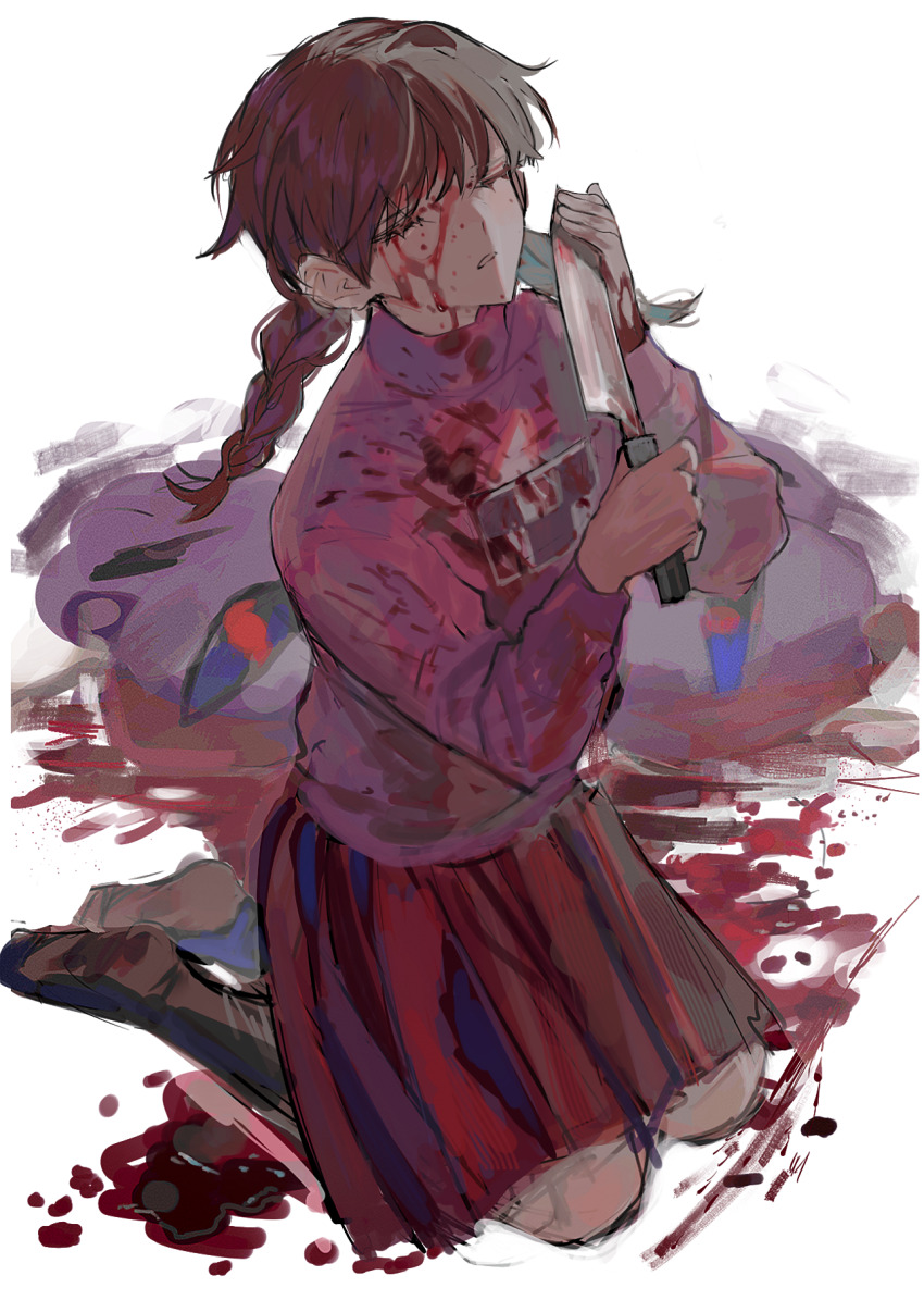 1girl blood blood_on_clothes blood_on_face blood_on_hands blood_splatter bloody_weapon blunt_bangs boots braid brown_hair brown_shoes closed_eyes commentary_request corpse full_body highres holding holding_knife kneeling knife long_sleeves madotsuki medium_hair murder niku_0000 parted_lips pink_sweater pleated_skirt red_skirt shoes simple_background sketch skirt solo_focus sweater twin_braids weapon wheelie_(yume_nikki) white_background yume_nikki