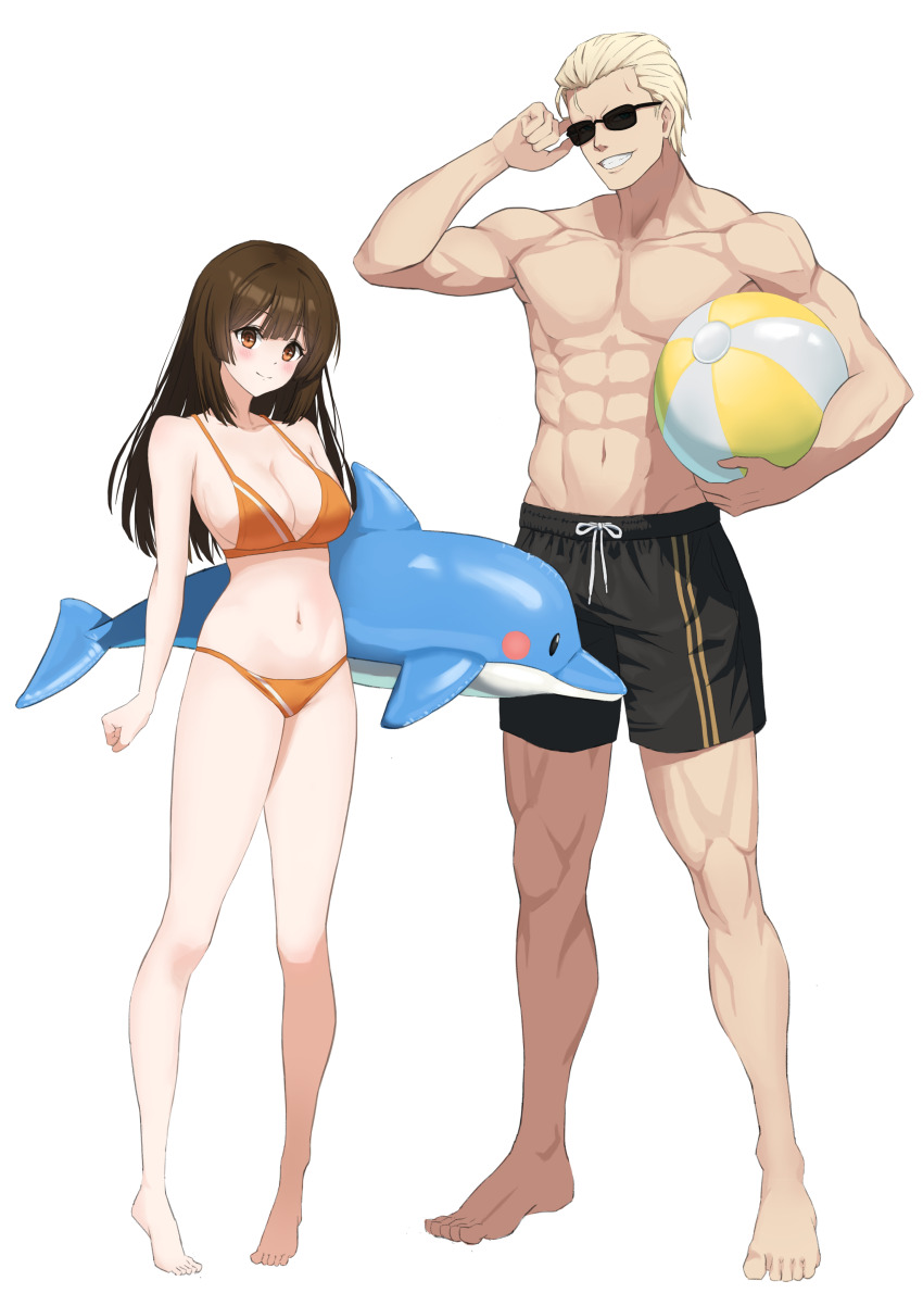 1boy 1girl abs absurdres adjusting_eyewear alternate_costume awesome_crane ball barefoot beachball bikini black_male_swimwear blonde_hair breasts brown_eyes brown_hair cleavage closed_mouth commentary full_body grin guilty_gear guilty_gear_strive highres holding holding_ball holding_beachball inflatable_dolphin inflatable_toy johnny_(guilty_gear) large_breasts long_hair looking_at_viewer male_swimwear may_(guilty_gear) muscular muscular_male navel orange_bikini short_hair simple_background smile standing stomach sunglasses swimsuit white_background