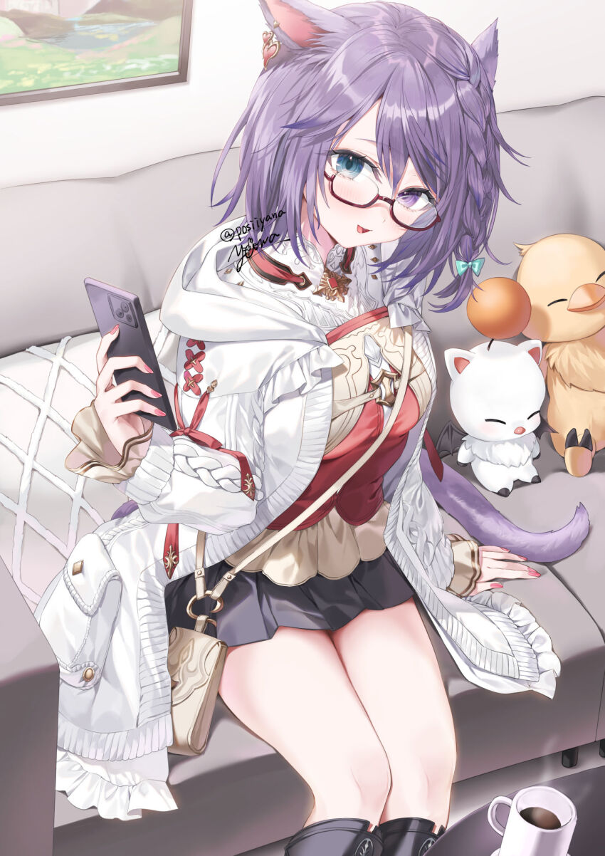 1girl animal_ears aqua_bow black_boots black_skirt blue_eyes boots bow braid cat_ears cat_girl cat_tail cellphone chocobo coffee_mug crown_braid cup earrings final_fantasy final_fantasy_xiv glasses hair_bow heart heart_earrings heterochromia highres holding holding_phone hood hooded_jacket indoors jacket jewelry looking_at_viewer medium_hair miniskirt miqo&#039;te mug nail_polish open_clothes open_jacket phone pink_nails purple_eyes purple_hair red-framed_eyewear signature sitting skirt smartphone solo stuffed_toy tail twitter_username warrior_of_light_(ff14) white_jacket yana_mori