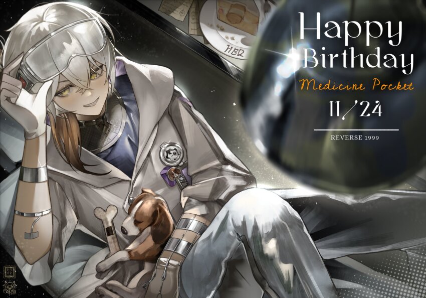 1other adjusting_eyewear androgynous animal animal_hug artist_logo beagle blurry blurry_foreground brown_hair cake cake_slice character_name coat colored_tips copyright_name dated dog dog_sticker english_text feet_out_of_frame food from_above gloves goggles goggles_on_head grey_pants grin hand_up happy_birthday highres id_card knee_up logo looking_at_viewer maruma_gozu medicine_pocket multicolored_hair pants plate reverse:1999 sitting sleeves_pushed_up smile solo v-shaped_eyebrows white_coat white_gloves white_hair yellow_eyes