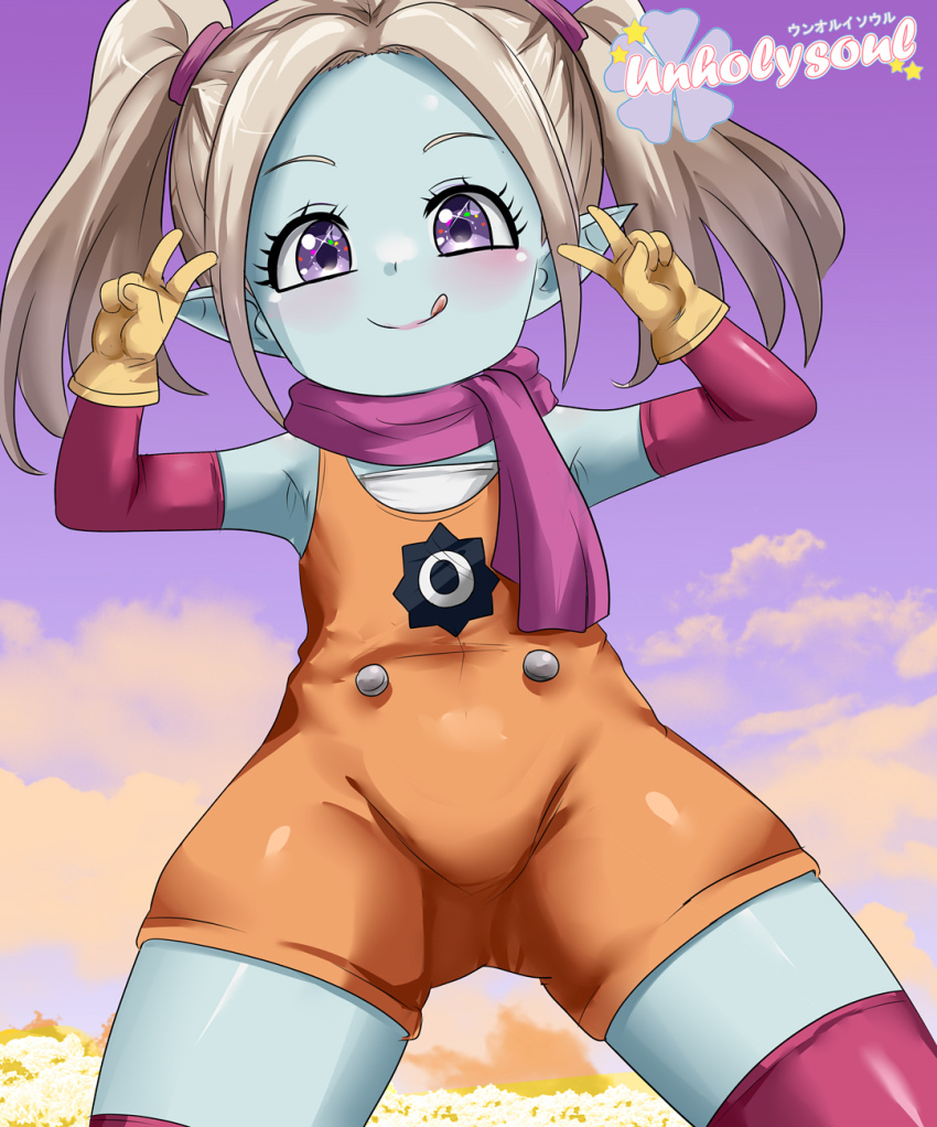 1girl blue_skin blush child closed_mouth colored_skin cowboy_shot double_v dragon_ball dragon_ball_daima eyelashes female_focus from_below grey_hair hands_up legs_apart long_hair looking_at_viewer looking_down orange_unitard outdoors pansy_(dragon_ball_daima) pointy_ears purple_eyes purple_scarf purple_sky purple_thighhighs scarf sky smile solo standing thighhighs tongue tongue_out twintails unholysoul unitard v watermark