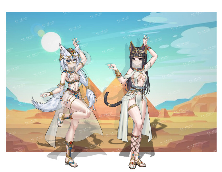 2girls absurdres ancient_egyptian_clothes animal_ear_fluff animal_ears arm_up armlet black_hair blue_eyes bracelet breasts brown_eyes cat_ears cat_girl cat_tail circlet dancer desert drop_shadow egypt fox_ears fox_girl fox_tail full_body gladiator_sandals highres huihuang_rongyao jewelry long_hair looking_at_viewer low-tied_long_hair medium_breasts mouth_veil multiple_girls original pyramid_(structure) ring sandals smile standing standing_on_one_leg tail thighlet uraeus usekh_collar veil very_long_hair watermark white_hair