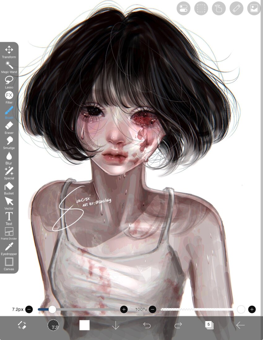 1girl aegyo_sal art_program_in_frame black_eyes black_hair blood blood_on_clothes blood_on_face bloody_tears blunt_bangs bob_cut body_horror commentary crying crying_with_eyes_open gouged_eye highres looking_at_viewer original sacrilaig screencap short_hair solo spaghetti_strap symbol-only_commentary tank_top tears upper_body white_tank_top