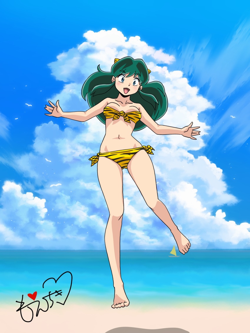 1girl artist_logo barefoot beach bikini bird breasts cloud cloudy_sky collarbone cone_horns cumulonimbus_cloud day flying front-tie_bikini_top front-tie_top full_body green_hair highres horns logo long_hair looking_at_viewer lum moechiki navel ocean open_mouth outdoors seagull shadow side-tie_bikini_bottom sky solo swimsuit toes urusei_yatsura