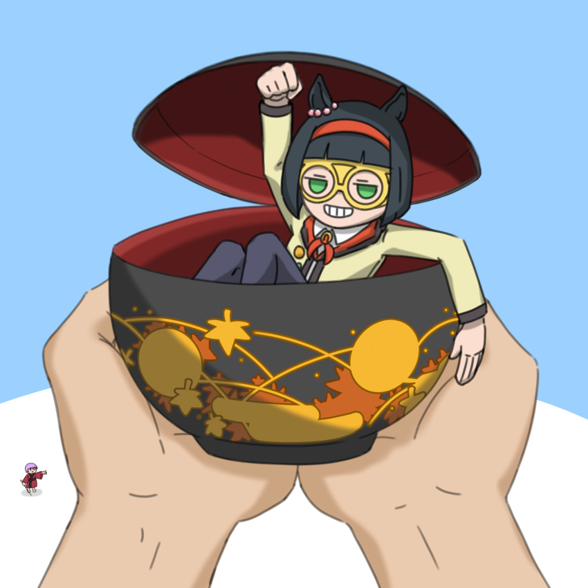 1other 2girls animal_ears black_hair blue_background bowl commentary_request glasses green_eyes grin hairband highres holding holding_bowl horse_ears horse_girl japanese_clothes kimono malivien mini_person minigirl minnie_the_lady_(umamusume) multiple_girls pov pov_hands purple_hair red_hairband red_kimono shirt smile sukuna_shinmyoumaru touhou two-tone_background umamusume white_background yellow-framed_eyewear yellow_shirt