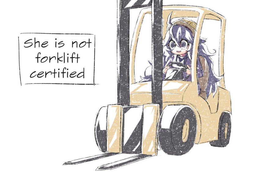 1girl ahoge brian_harding_(brihard) brown_hat commentary dress driving english_text forklift grey_dress grey_eyes grey_hair hair_between_eyes hat hex_maniac_(pokemon) hex_maniac_(pokemon_xy) holding long_hair long_sleeves meme messy_hair nintendo pokemon pokemon_xy sitting smile solo steering_wheel wheel white_background