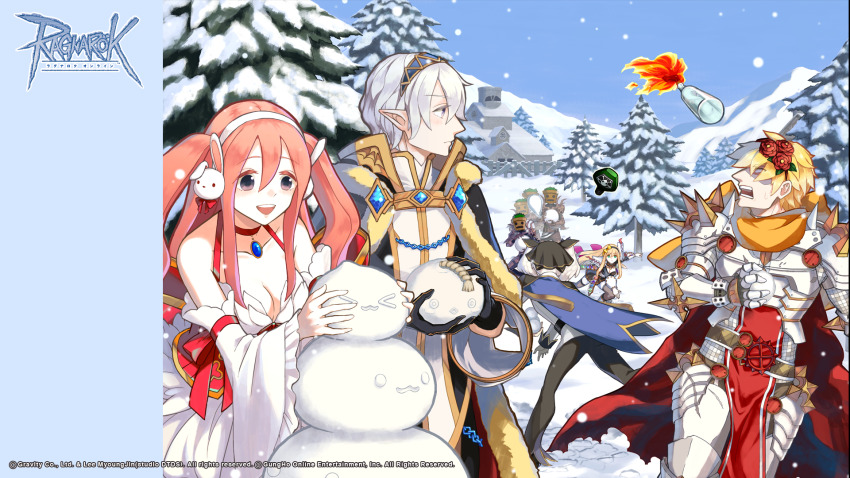 2girls 4boys :3 afterimage armor belt black_bodysuit black_cape black_pants blonde_hair blue_cape blue_gemstone blue_hairband blue_sky blush bodysuit bomb_poring bottle breastplate breasts brown_belt brown_skirt brown_thighhighs cape chain chainmail choker clear_sky cleavage closed_mouth collarbone copyright_notice corset cowboy_shot cross_of_prontera detached_sleeves dress expressionless fire flower frilled_sleeves frills fur-trimmed_cape fur_trim fuse gauntlets gem genetic_(ragnarok_online) gloves gold_trim green_eyes grey_eyes guillotine_cross_(ragnarok_online) hair_between_eyes hair_flower hair_ornament hairband headdress highres holding holding_snowball house jacket kusabi_(aighe) leg_armor logo long_hair looking_afar looking_to_the_side medium_breasts molotov_cocktail multiple_boys multiple_girls official_alternate_costume official_art official_wallpaper open_mouth outdoors pants pauldrons pine_tree pink_hair plant pointy_ears poison poring potted_plant purple_eyes rabbit_earmuffs ragnarok_online red_cape red_choker red_corset red_flower red_rose red_tabard rose rune_knight_(ragnarok_online) scared shirt short_hair shoulder_armor skirt sky sleeveless sleeveless_dress smile snowball snowball_fight snowing snowman spiked_gauntlets spiked_pauldrons tabard thighhighs throwing tree twintails wanderer_(ragnarok_online) warlock_(ragnarok_online) white_dress white_gloves white_hair white_jacket white_shirt white_sleeves wide_sleeves you&#039;re_doing_it_wrong