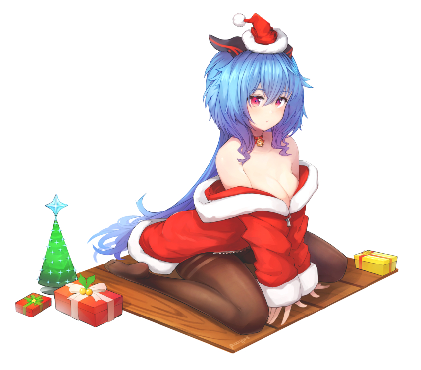 1girl black_pantyhose ganyu_(genshin_impact) genshin_impact highres long_hair pantyhose rizihike santa_costume solo very_long_hair