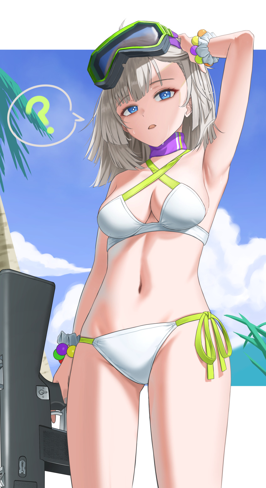 1girl ? aa-12 aa-12_(girls&#039;_frontline) aa-12_(the_sun_never_rises)_(girls&#039;_frontline) absurdres akachi armpits automatic_shotgun bikini bikini_under_clothes blonde_hair blue_eyes blue_sky breasts bright_pupils cloud combat_shotgun commentary_request girls&#039;_frontline goggles goggles_on_head gun hand_on_own_head highres holding holding_gun holding_weapon looking_at_viewer medium_hair official_alternate_costume open_mouth palm_tree scrunchie shirt shotgun side-tie_bikini_bottom sky solo speech_bubble spoken_question_mark swimsuit tree weapon white_bikini white_pupils white_scrunchie wrist_scrunchie