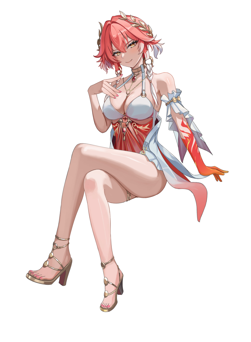 1girl absurdres bare_legs bare_shoulders braid breasts changli_(laurel_nymph)_(wuthering_waves) changli_(wuthering_waves) cleavage closed_mouth colored_extremities commentary crossed_legs dress feet full_body hair_between_eyes hair_extensions hand_up head_wreath high_heel_sandals high_heels highres invisible_chair large_breasts legs looking_at_viewer nail_polish never_cry3418 official_alternate_costume pink_hair pink_nails red_dress red_hands ring_hair_extensions sandals short_hair simple_background sitting smile solo tacet_mark_(wuthering_waves) toenail_polish toenails toes twin_braids white_background wuthering_waves yellow_eyes
