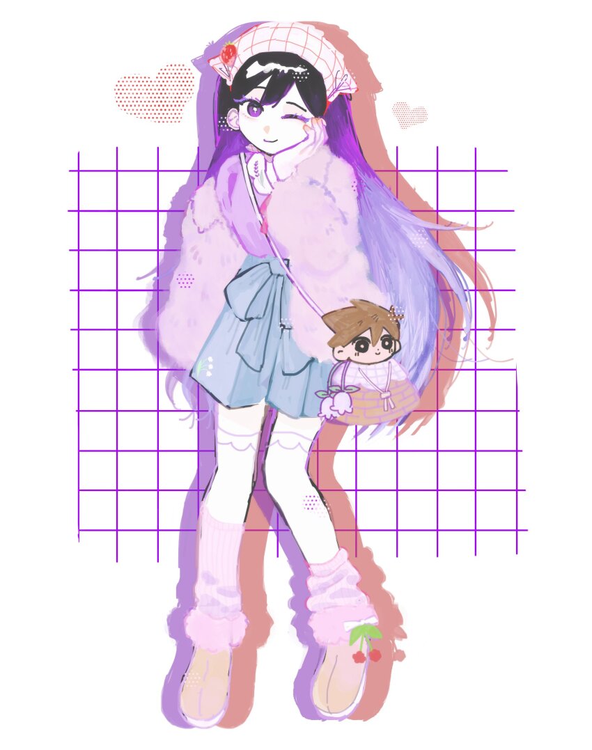 1girl bag black_hair character_doll doll gradient_hair handbag heart highres jacket long_hair long_sleeves mari_(birthday)_(omori) mari_(faraway)_(omori) mari_(headspace)_(omori) mari_(omori) multicolored_hair official_alternate_costume omori one_eye_closed purple_eyes purple_hair rou_(h_s_sinrin) smile solo stuffed_toy thighhighs white_thighhighs