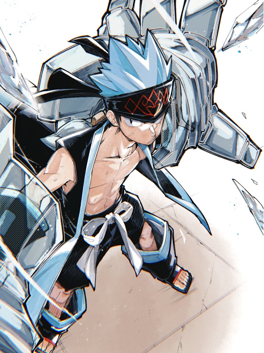 1boy black_gloves black_headband black_shorts black_vest blue_hair full_body gauntlets gloves headband highres ice male_focus medium_hair shaman_king shorts solo spiked_hair takeuchi_(a3) usui_horokeu vest