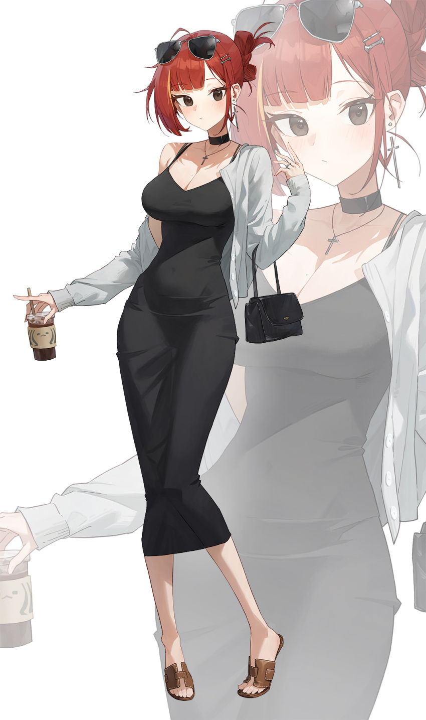 1girl ahoge akane_lize bag bare_shoulders black_choker black_dress black_eyes breasts choker cleavage cocktail_dress covered_navel cup disposable_cup dress earrings eyewear_on_head folded_ponytail full_body hair_ornament hairclip hand_up hashtag-only_commentary highres holding holding_cup jacket jewelry large_breasts long_hair looking_at_viewer multicolored_hair necklace off_shoulder open_clothes open_jacket red_hair ring sandals shoulder_bag simple_background sleeveless sleeveless_dress solo stellive streaked_hair sunglasses virtual_youtuber white_background white_jacket yoba zoom_layer