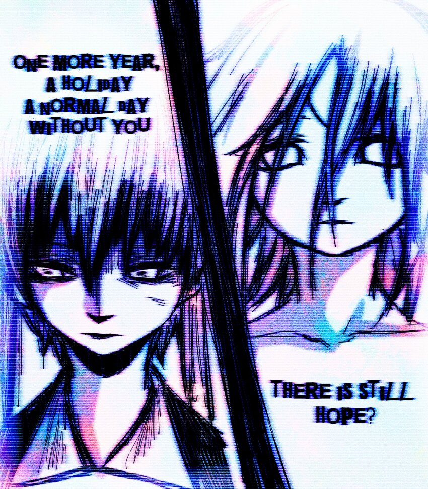 1girl 1other absurdres androgynous averting_eyes commentary crona_(soul_eater) empty_eyes english_commentary english_text hair_between_eyes highres long_hair maka_albarn nanai_nonon soul_eater straight-on third_eye