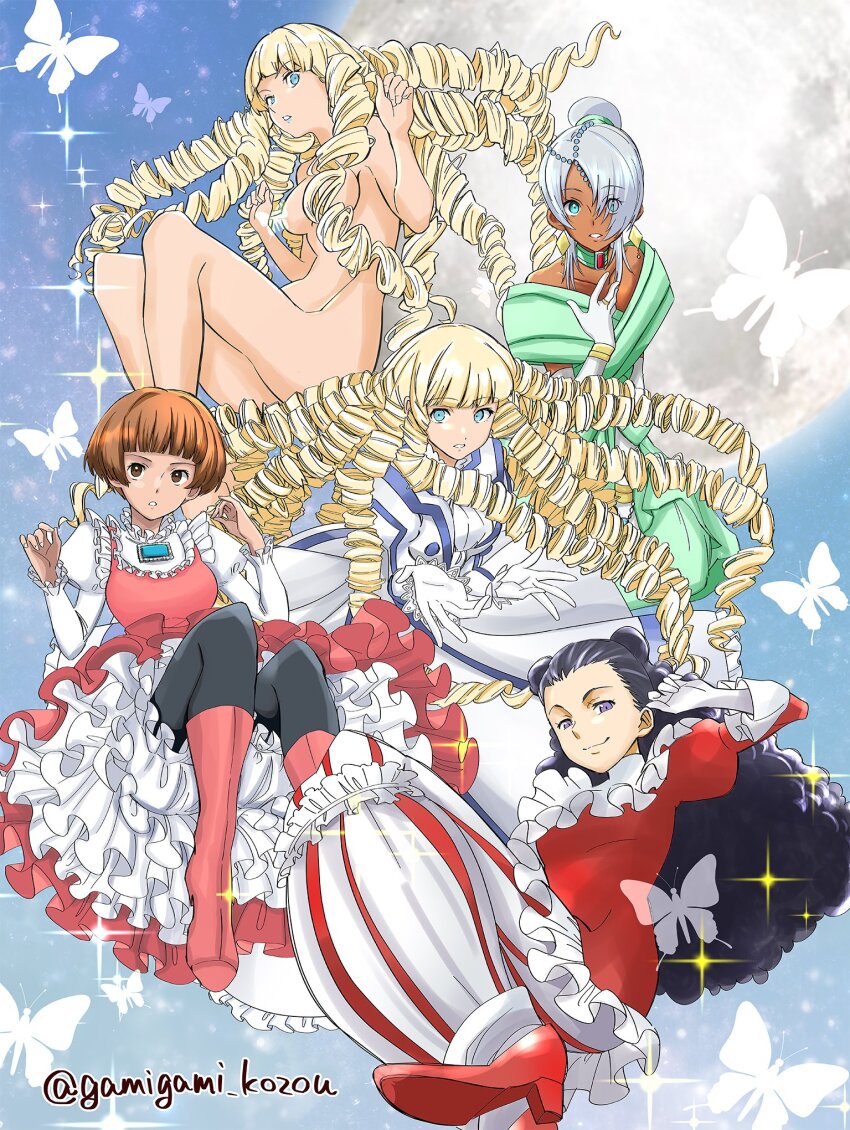 1boy 4girls black_hair blonde_hair blue_eyes brown_hair convenient_censoring crossdressing dark-skinned_male dark_skin dianna_soreil dress gamigami_maou_(artist) gundam highres laura_rolla looking_at_viewer loran_cehack multiple_girls nude siblings simple_background sisters smile sochie_heim trap turn_a_gundam very_dark_skin