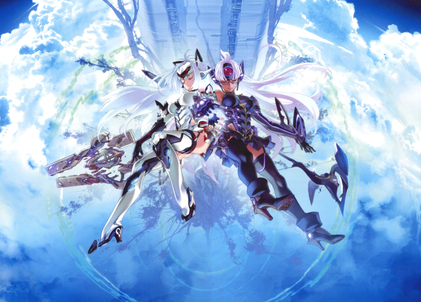 2girls absurdres android ankle_boots armor armpits bare_shoulders blue_hair boots breasts choco_(chocolate_shop) closed_eyes cloud contrast cyborg dark-skinned_female dark_skin elbow_gloves fingerless_gloves floating forehead_protector full_body garter_straps glasses gloves high_heels highres kos-mos kos-mos_re: large_breasts leotard lips long_hair monolith_soft multiple_girls nintendo official_art plant purple_hair skirt t-elos t-elos_re: tanaka_kunihiko thigh_boots thighhighs tree upskirt weapon white_hair xenoblade_chronicles_(series) xenoblade_chronicles_2 xenosaga
