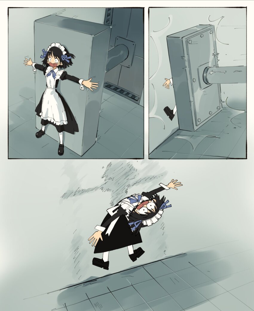 1girl apron arashiyama_hotori black_dress black_hair black_shoes blue_ribbon dress flattened hair_ribbon highres hydraulic_press juliet_sleeves long_sleeves maid maid_headdress one_side_up open_mouth otototoi outstretched_arms pantyhose puffy_sleeves ribbon screaming shoes short_hair sleeve_cuffs solo soredemo_machi_wa_mawatteiru tears tile_floor tiles white_apron white_pantyhose wide-eyed
