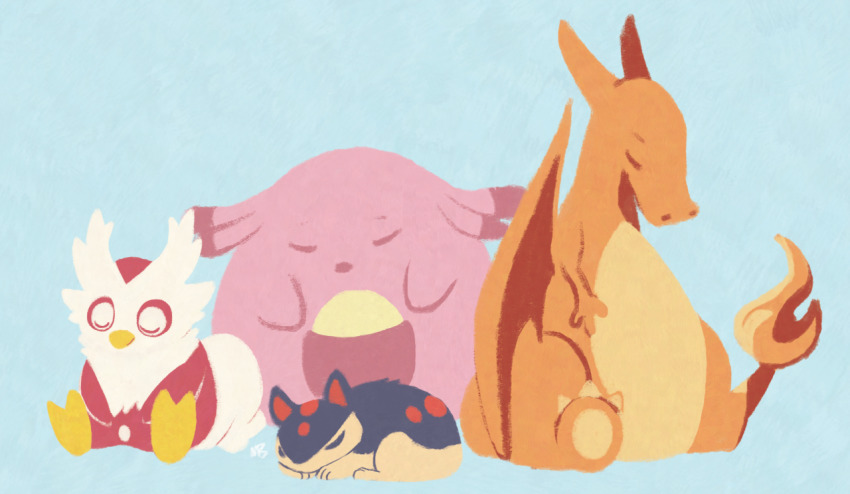 bird blue_background chansey charizard closed_eyes commentary creature delibird dragon english_commentary fire flame-tipped_tail full_body gen_1_pokemon gen_2_pokemon horns lying mattibee nintendo no_humans on_stomach pokemon pokemon_(creature) quilava simple_background sitting sleeping tail
