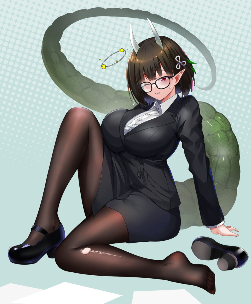 1girl biscione_(fate) biscione_(first_ascension)_(fate) breasts brown_hair brown_pantyhose dragon_horns dragon_tail dtcy fallen_down fate/grand_order fate_(series) glasses highres horns large_breasts left_shoe_removed office_lady pantyhose pointy_ears red_eyes shoes single_shoe tail torn_clothes torn_pantyhose