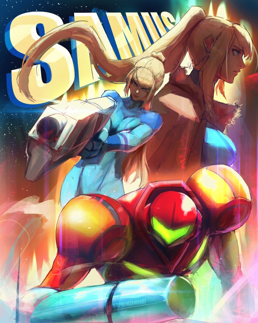 1girl absurdres aiming aiming_at_viewer aqua_bodysuit arm_cannon armor black_background black_sky blonde_hair blue_background blue_eyes bodysuit breasts brown_cloak cloak clone english_text floating_hair gradient_background green_visor gun high_ponytail highres holding holding_gun holding_weapon lipgloss long_hair looking_at_viewer looking_to_the_side mature_female metroid mole mole_under_mouth multiple_persona nintendo orange_background ponytail power_armor power_suit_(metroid) red_armor samus_aran sidelocks skin_tight sky space star_(symbol) stephengiannart striped_bodysuit varia_suit visor_(armor) weapon yellow_background zero_suit