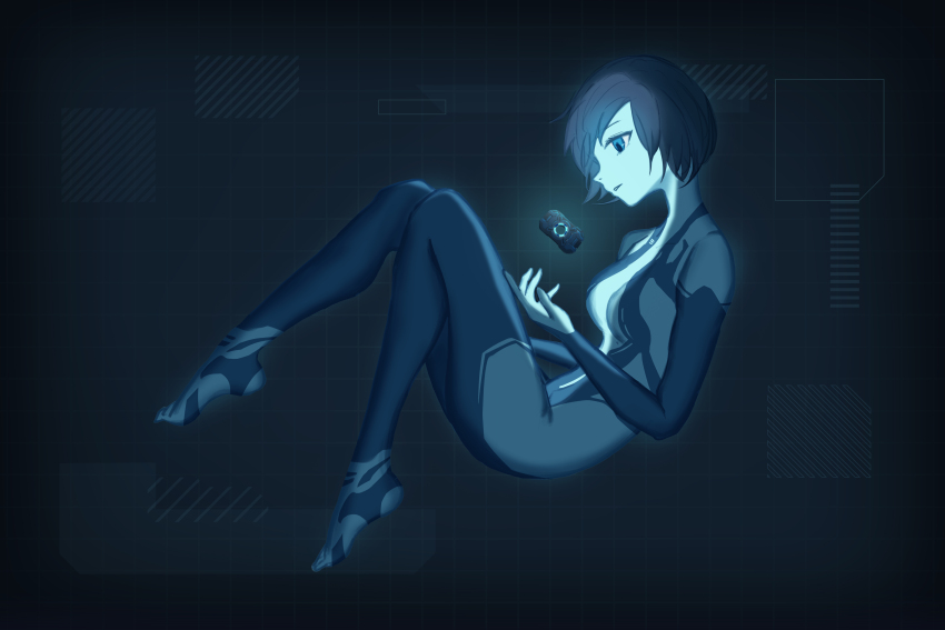 absurdres animification barefoot blue_eyes blue_hair blue_skin blue_theme breasts chinese_commentary colored_skin cortana floating from_side glowing halo_(series) halo_4 highres medium_breasts orrery_(orrery214) parted_lips short_hair