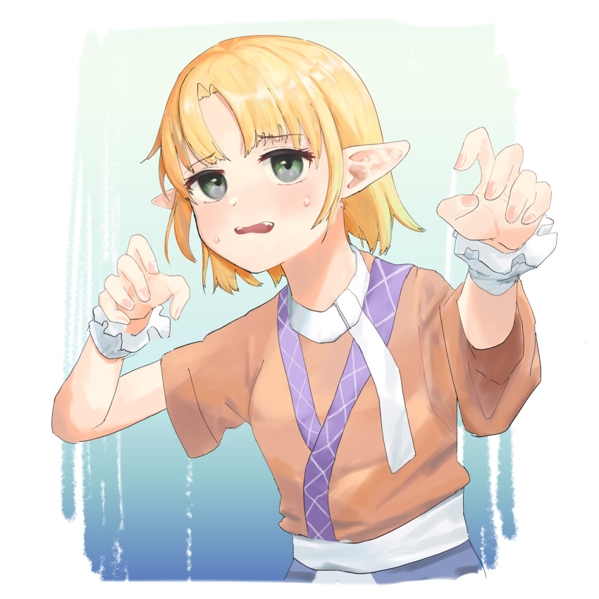 1girl blonde_hair blue_background blush brown_shirt claw_pose commentary cookie_(touhou) fingernails green_eyes highres joker_(cookie) looking_at_viewer mizuhashi_parsee open_mouth parted_bangs pointy_ears scarf shirt short_hair short_sleeves solo sweatdrop touhou upper_body white_background white_scarf whiterolo wrist_cuffs