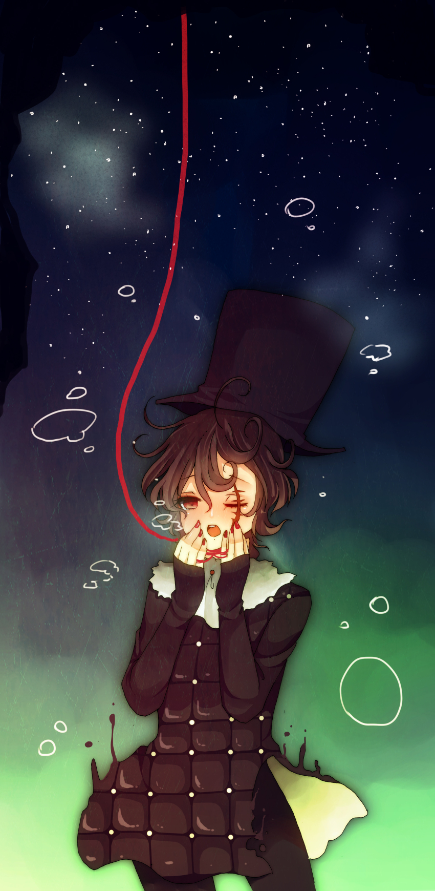 1girl absurdres black_dress black_hair black_pantyhose curly_hair dress genderswap genderswap_(mtf) hat highres jojo_no_kimyou_na_bouken jouerrire magenta_magenta nail_polish one_eye_closed open_mouth pantyhose red_nails scar scar_across_eye scar_on_face short_hair solo steel_ball_run string string_of_fate top_hat torn_clothes torn_dress