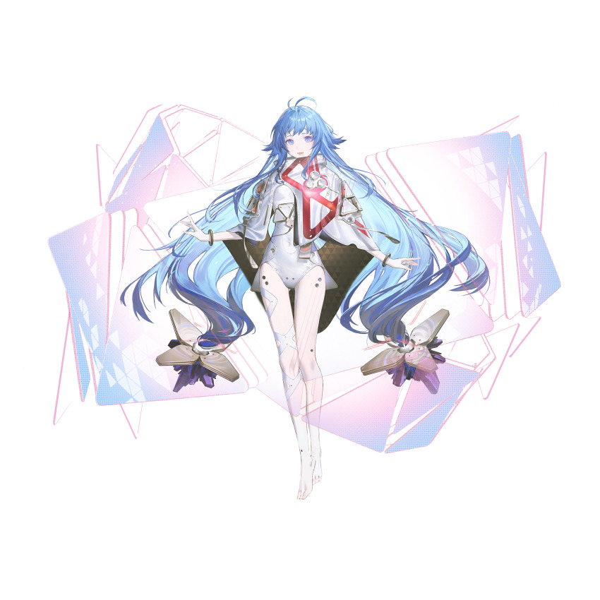 1girl ahoge artist_request barefoot blue_eyes blue_hair eniac_(neural_cloud) full_body game_cg girls&#039;_frontline girls&#039;_frontline_neural_cloud highres hologram leotard long_hair official_art shawl solo standing tachi-e third-party_source transparent_background twintails white_leotard white_shawl
