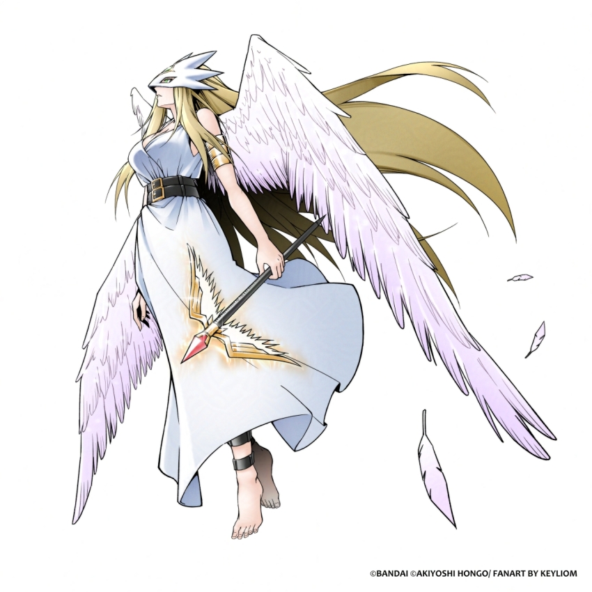 1girl alternate_form bare_shoulders barefoot blonde_hair breasts cleavage digimon digimon_(creature) digimon_xros_wars dress eye_mask feathered_wings feathers full_body goddess_(digimon_xros_wars) green_eyes highres holding holding_wand keyliom large_breasts long_hair simple_background solo third_eye wand white_background white_dress white_feathers white_wings wings