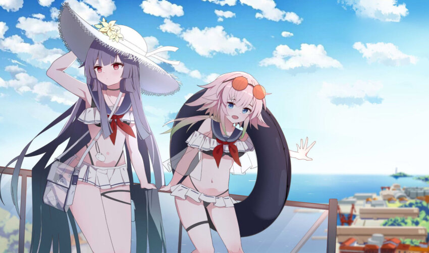 2girls alternate_costume anshan_(warship_girls_r) bag bikini black_hair blonde_hair blue_eyes blue_sky choker cloud cloudy_sky damingjiuai_sevens day eyewear_on_head full_body green_hair hair_flaps hat hime_cut innertube jinan_(warship_girls_r) long_hair looking_at_viewer low_ponytail multiple_girls navel ocean open_mouth outdoors pink_hair ponytail purple_hair red_eyes sailor_collar sky smile sun_hat sunglasses swim_ring swimsuit very_long_hair warship_girls_r