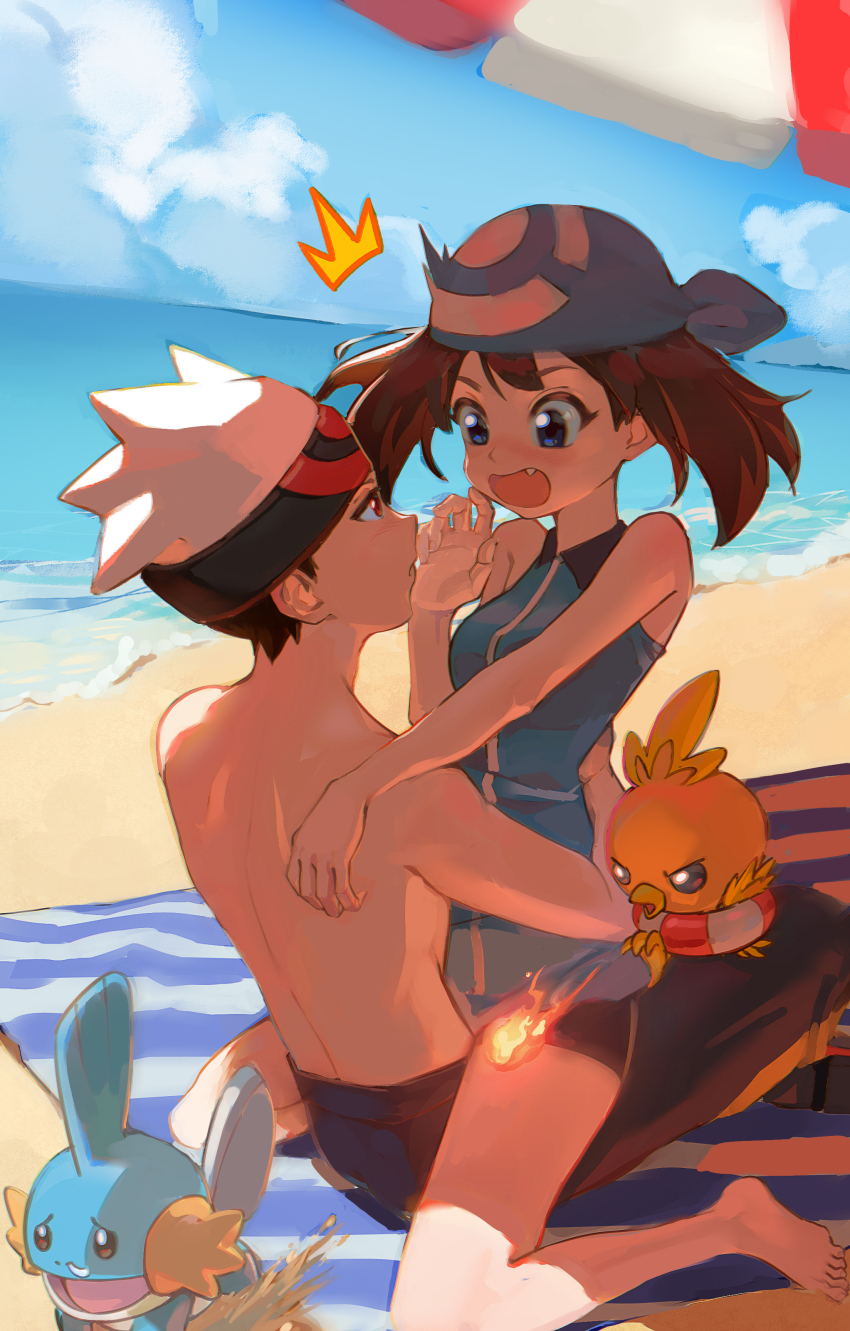 1boy 1girl :o ^^^ absurdres bandana barefoot beach_towel beanie blue_bandana blue_eyes brendan_(pokemon) brown_hair chinese_commentary cloud commentary_request day emo_qianzi eye_contact fang fire gen_3_pokemon hat highres innertube looking_at_another may_(pokemon) mudkip nintendo open_mouth outdoors pokemon pokemon_(creature) pokemon_adventures sand shore sky swim_ring toes topless_male torchic towel water white_hat