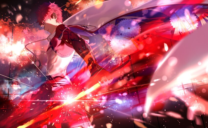 1boy abs cape emiya_shirou fate/grand_order fate_(series) fire highres holding holding_sword holding_unworn_cape holding_unworn_clothes holding_weapon male_focus mashima_saki_(mashimasa) red_aura red_hair senji_muramasa_(fate) single_bare_shoulder solo sword toned toned_male unworn_cape weapon white_cape