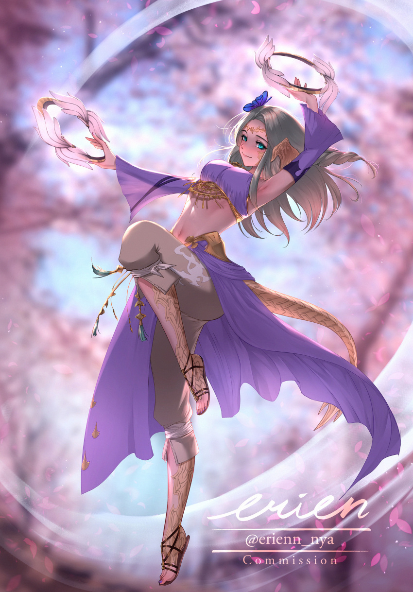 1girl absurdres armpits artist_name au_ra blonde_hair blue_eyes blurry blurry_background breasts chakram closed_mouth commentary commission dancer dancer_(final_fantasy) dragon_horns dragon_tail dual_wielding english_commentary erien final_fantasy final_fantasy_xiv flower hair_flower hair_ornament highres holding holding_weapon horns jumping large_breasts light_blush long_hair looking_at_viewer navel sandals scales smile solo stomach tail toes twitter_username warrior_of_light_(ff14) weapon