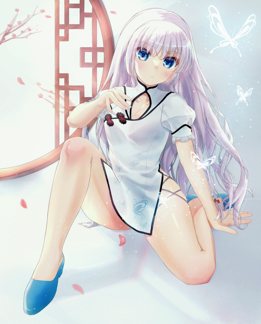 1girl :c \||/ absurdres alternate_costume animal_print arm_at_side arm_support blue_eyes blue_footwear blunt_ends blush breasts bug butterfly butterfly_print china_dress chinese_clothes cleavage cleavage_cutout closed_mouth clothing_cutout commentary commission curvy dress eyes_visible_through_hair fingernails floating_hair frilled_sleeves frills frown full_body glowing_butterfly grey_background hair_between_eyes hand_up high_heels highres hip_vent insect knee_up light_particles long_hair looking_at_viewer medium_breasts naruse_shiroha natsuoto_rito puffy_short_sleeves puffy_sleeves pumps round_window shiny_skin short_dress short_sleeves simple_background sitting skeb_commission solo summer_pockets thighs very_long_hair white_dress white_hair window