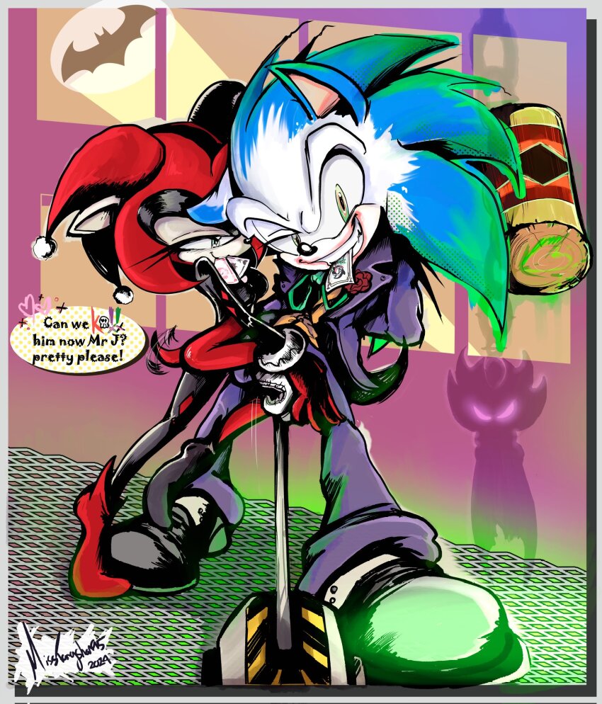 amy_rose bat_signal batman batman_(series) blue_fur blue_hair bow cape card clown clown_girl cosplay dc_comics flower formal_clothes green_hair grin harley_quinn harley_quinn_(cosplay) hat highres jacket jester jester_cap jester_girl makeup mask purple_suit red_lips sega shadow_the_hedgehog smile sonic_(series) sonic_the_hedgehog suit suit_jacket superhero_costume the_joker the_joker_(cosplay) warner_bros. white_facepaint window