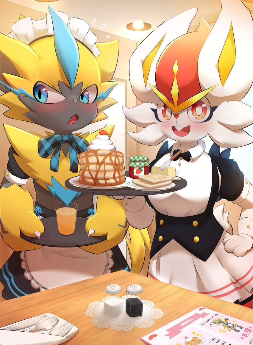 2girls :3 absurdres animal_ears animal_hands apron artist_name black_bow black_bowtie black_fur black_skirt black_sleeves black_vest blue_bow blue_bowtie blue_eyes blush body_fur bow bowtie bread bread_slice breasts bright_pupils buck_teeth butter buttons cat_ears cat_girl cat_tail cherry cinderace claws clothed_pokemon collared_dress cream cup detached_sleeves dress drink drinking_glass embarrassed fang female_focus flat_chest flying_sweatdrops food fork frilled_apron frills fruit furry furry_female gen_7_pokemon gen_8_pokemon hand_on_own_hip hand_up hands_up happy heart highres holding holding_drink holding_food holding_tray indoors jam japanese_text knife legendary_pokemon looking_at_viewer maid maid_headdress medium_breasts menu miniskirt multiple_girls mythical_pokemon napkin nintendo omowazu open_mouth pancake pancake_stack pepper_(spice) pepper_shaker plaid_bow plaid_bowtie plaid_clothes plate pleated_skirt poke_ball_symbol pokemon pokemon_(creature) puffy_short_sleeves puffy_sleeves rabbit_ears rabbit_girl rabbit_tail red_eyes red_hair salt salt_shaker short_dress short_hair short_sleeves signature skirt smile spoon standing strawberry_jam sweat syrup table tail teeth toast topless_female traditional_bowtie translation_request tray two-tone_fur upper_body vest waist_apron waitress whiskers white_apron white_dress white_fur white_pupils wide-eyed wrist_cuffs yellow_fur zeraora