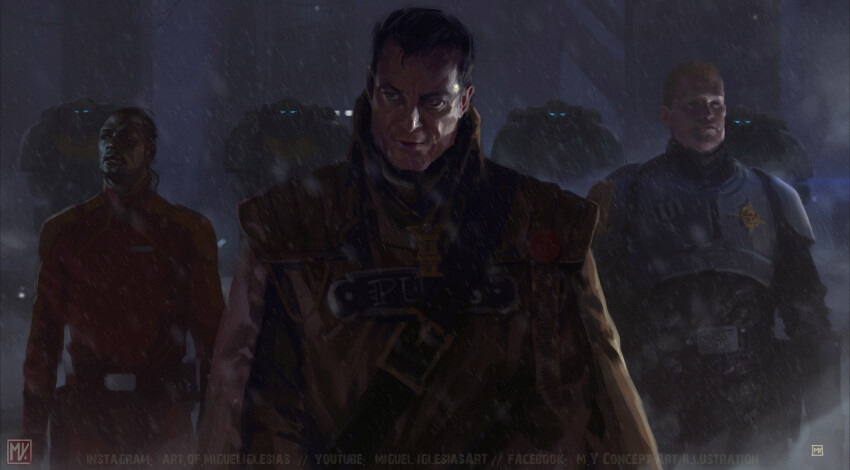 6+boys absurdres adeptus_astartes armor artist_logo artist_name black_hair blonde_hair blue_eyes breastplate commentary dark_skin english_commentary facebook_username facial_hair full_armor gauntlets glowing glowing_eyes gregor_eisenhorn helmet highres holding inquisition_(warhammer) instagram_username logo miguel_iglesias multiple_boys pauldrons power_armor short_hair shoulder_armor solo_focus vambraces warhammer_40k youtube_username
