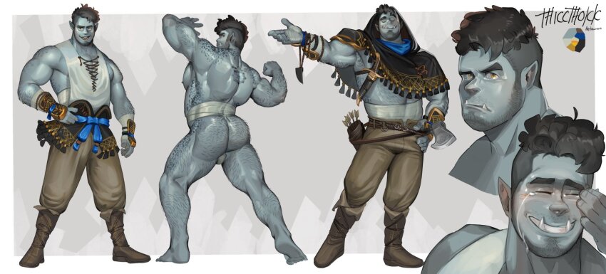 1boy alternate_costume arm_hair armpit_hair armpit_hair_peek armpit_peek arrow_(projectile) ass ass_hair axe back_hair back_tattoo baggy_pants bandaged_arm bandages bara beard beard_stubble biceps black_hair blue_skin blush body_freckles boots brown_footwear bulge_peek chivo_(kalchivo) clenched_hand closed_eyes colored_skin commission covered_abs cropped_shoulders cross-laced_slit dagger facial_hair facing_viewer flexing flexing_ass freckles from_behind frown full_body grin hairy happy_tears highres holding holding_axe hood hood_up huge_ass knife large_pectorals leather leather_boots leg_hair legs_apart loincloth looking_at_viewer looking_to_the_side male_focus mature_male midriff_sarashi monster_boy multiple_views muscular muscular_male mustache_stubble open_mouth orc original outstretched_arm outstretched_arms pants pectoral_cleavage pectorals pointy_ears quiver raised_eyebrow sarashi second-party_source sheath sheathed shirt short_hair sidepec sleeveless sleeveless_shirt smile smug spread_arms strongman_waist stubble tachi-e tattoo tears thicc_thokk_(jpsr388) thick_eyebrows thick_neck thick_thighs thighs topless_male tusks u_u undercut underwear underwear_only vambraces weapon white_background white_shirt wiping_tears