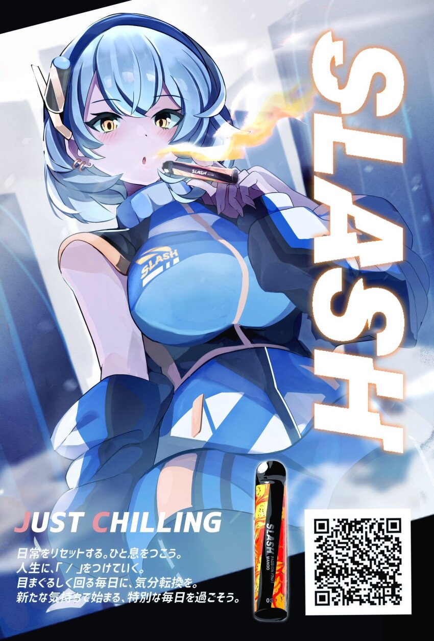 1girl :o black_pantyhose blue_hair blue_hairband blue_shirt blue_skirt breasts cigarette colored_smoke company_name crossed_bangs detached_sleeves dot_nose earrings electronic_cigarette english_text hair_between_eyes hairband highres holding holding_cigarette hoop_earrings jewelry large_breasts light_blue_hair light_blush looking_at_viewer medium_hair miniskirt multiple_earrings pantyhose parted_lips pencil_skirt personification product_placement puffy_detached_sleeves puffy_sleeves qr_code shirt skirt slash_vape slogan smoke solo translation_request umiru untucked_shirt vaping