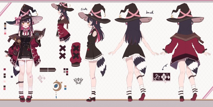 1girl absurdres animal_ears bandaged_leg bandages bandaid bandaid_on_leg black_bow black_footwear black_hair black_headwear book bow braid reference_sheet collared_dress color_guide colored_inner_hair crescent crescent_hat_ornament dress footwear_bow grey_hair haneiro hat hat_ornament hat_ribbon highres holding holding_book jacket leg_belt multicolored_hair multiple_views off-shoulder_jacket off_shoulder pinafore_dress pink_bow pink_hair pink_jacket pink_ribbon pixellink raccoon_ears raccoon_girl raccoon_tail raki_kazuki ribbon second-party_source side_braid sleeveless sleeveless_dress socks tail virtual_youtuber white_dress white_socks witch_hat yellow_eyes