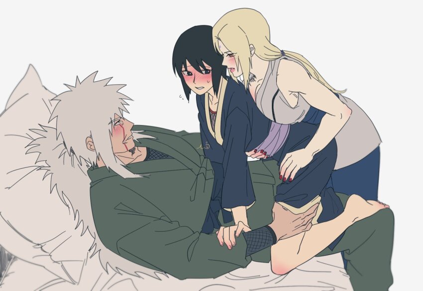 1boy 2girls bed black_hair blonde_hair blush highres japanese_clothes jiraiya_(naruto) long_hair mature_female mature_male may_c multiple_girls naruto_(classic) naruto_(series) on_bed ponytail shizune_(naruto) tsunade_(naruto) white_hair